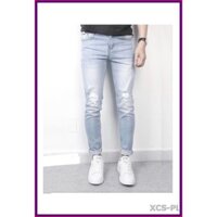 Quần jean nam XANH BẠC RÁCH GỐI cao cấp không xù lông, không ra màu, chất giãn tốt RGOI-K3-1