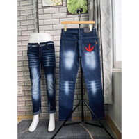 Quần jean nam xanh vẩy sơn thêu lá phông boy phố, chất jean co dãn tốt, trẻ trung