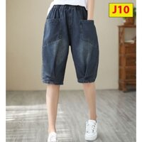 Quần jean ngố nữ vải jean mềm mại bigsize 40-90kg, J10 TK010 cạp chun, không phai, không nhăn, màu xanh túi sâu