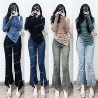Quần jean nữ 9 tấc lưng cao co giãn, quần jean nữ lửng ống loe lai cắt xẻ chéo cá tính - QU096