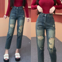 Quần Jean Nữ Baggy Cạp Cao Dài 95cm Rách Gối Màu Đậm Thời Trang Q367