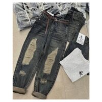 Quần jean nữ baggy dáng dài rách nhiều hàng QC màu dơ loang Navy