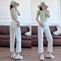 Quần jean nữ baggy lưng cao ống xuông, quần bò đai 5 nút chỉnh eo màu trắng Basic