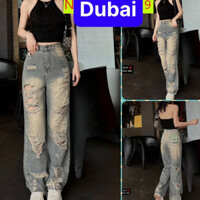 QUẦN JEAN NỮ BAGGY ỐNG SUÔNG RỘNG RÁCH TẢ TƠI XƠ MƯỚP LƯNG CAO NÂNG MÔNG PHONG CÁCH CAO CẤP -DB 5619- DUBAI FASHION