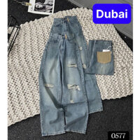 QUẦN JEAN NỮ BAGGY ỐNG SUÔNG RÁCH XANH THÊU TÚI VÀNG LƯNG CAO NÂNG MÔNG PHONG CÁCH SANG CHẢNH - DUBAI FASHION