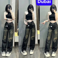 QUẦN JEAN NỮ BAGGY ỐNG SUÔNG RÁCH XANH THÊU LƯNG CAO NÂNG MÔNG PHONG CÁCH SANG CHẢNH -DB 5694 - DUBAI FASHION