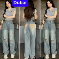 QUẦN JEAN NỮ BAGGY ỐNG SUÔNG XANH RÁCH TÚI VÀNG LƯNG CAO NÂNG MÔNG PHONG CÁCH CAO CẤP - DUBAI FASHION