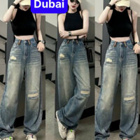 QUẦN JEAN NỮ BAGGY ỐNG SUÔNG RÁCH XANH LƯNG CAO NÂNG MÔNG PHONG CÁCH SANG CHẢNH-DB 5641- DUBAI FASHION