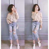 QUẦN JEAN NỮ BAGGY RÁCH HỞ, LƯNG THUN VÀ IN CHỮ NHIỀU 3088 MD01