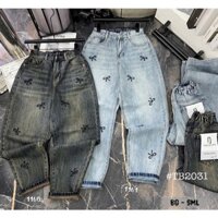 Quần Jean Nữ Baggy Thêu Nơ Thân, Lưng Bo Chun, Cạp Cao Chất Jean QC Không Co Gian KiHA Jean