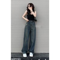 Quần Jean Nữ Basic Ống Rộng Lưng Cao Wash Túi Rách Màu Xanh Đậm