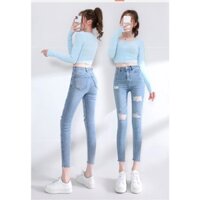 Quần jean nữ Big Size 9 tấc rách xanh nhạt rách nhiều dành cho người béo 4330 0086 MoLi Jeans