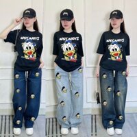 quần jean nữ bigsize 60-92kg ống suông, quần jean suông lưng thun rút dây in Donald mix áo thun cotton Donald