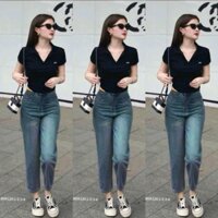 Quần jean nữ bigsize 60-95kg dáng baggy lưng gắn tag nơ, phía sau có lưng thun dễ mặc