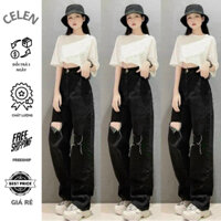 Quần Jean Nữ CELEN Ống Rộng Rách Gối Màu ĐEN Basic Cạp Cao Hách Dáng M008, SIÊU HOT quần xuông