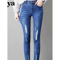 Quần Jean Nữ Chất Bò 9 Tấc Xước Rách Lưng Cao Co Giãn Hàng Công Ty Thiết Kế
