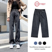 Quần jean nữ CHERRYSWEET ống rộng cạp cao dáng suông màu đen kiểu baggy chất bò xịn dễ phối đồ T007 - Hàng mới về