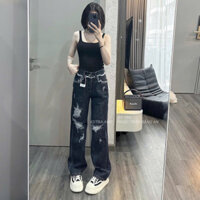 quần jean nữ dài baggy loa suông phối rácch tua rua lyie