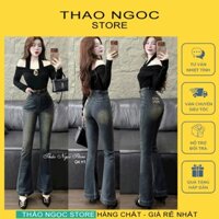 Quần jean nữ dài dáng ôm ống loe thêu chữ Mni lưng siêu cao co giãn tốt (hình thật) THẢO NGỌC STORE