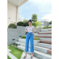 Quần Jean Nữ Dáng Baggy Lỡ Ống Rộng Lưng Cao 2 Nút Buộc Dây Nơ Dành Cho Bạn Gái Từ 35Kg Đến 50Kg