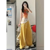 Quần Jean Nữ Đau Khổ Màu Vàng Mới Cao Cấp Rời Và Giảm Béo Quần Ống Rộng Thẳng