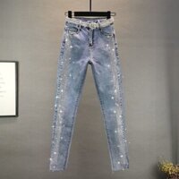Quần jean nữ đính đá phong cách Hàn Quốc, cạp cao, ôm sát, co giãn, quần jeans thường ngày