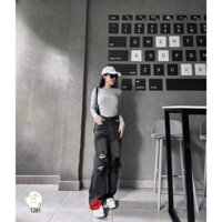 Quần jean nữ from suông rộng màu xám đen phủ ánh bạc rách gối Lynh Jean Shop (Mã 1261)
