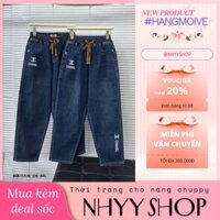Quần jean nữ lưng cao bigsize 65-100kg dáng baggy lưng thun rút dây in chữ cha neo, chất jean dày dặn co giãn tốt
