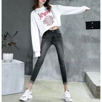 Quần jean nữ lưng cao dáng ôm màu xám chuột cao cấp VNXK