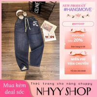Quần jean nữ lưng cao in chữ phối dây bigsize 60-95kg dáng baggy che khuyết điểm, quần bò nữ dáng basic lưng chun dễ mặc