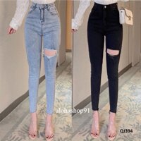 Quần Jean Nữ Lưng Cao Phủ Rốn Rách Gối Form Skinny co dãn thoải mái alohashop91