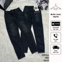 Quần jean nữ lưng cao xước mã 6278 thêu túi, form dài skinny