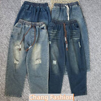 Quần jean nữ lưng thun cạp cao dáng baggy 9 tấc có big size đến 75kg vải mềm không co giãn dành cho nầm lùn