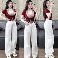 Quần Jean Nữ Màu Trắng Suông Dài 102Cm, Quần Bò Trắng Thêu Chất Jean Kaky