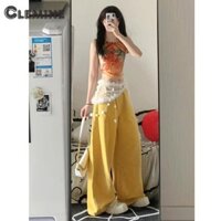 Quần jean nữ màu vàng đau khổ Clemine Quần ống rộng dáng rộng và giảm béo