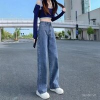 Quần jean nữ màu xanh cổ điển quần ống rộng dễ phối tôn dáng gầy cạp cao ống đứng hoài cổ xuân hè 2023