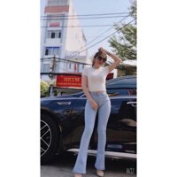 Quần jean nữ ống loe dài co giãn màu xanh ngọc