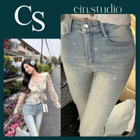 Quần jean nữ ống loe lưng cao đính đá cánh Hồ Điệp, Quần jeans nữ đính phu kiện siêu sang chảnh