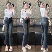 Quần Jean Nữ Ống Loe Phối Lai To 9 Tấc Xanh Rêu 1163, Lưng Cao, Co Giãn Mạnh, Dài 92cm  Bigsize 55-90kg