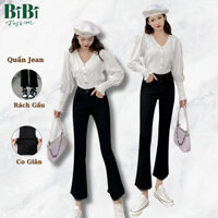 Quần Jean nữ ống loe rách gấu lưng cạp cao, Quần ông loe chất liệu bò giấy cao cấp Hàn Quốc co giãn 4 chiều màu đen-BiBi