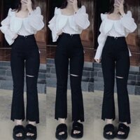 Quần jean nữ ống loe thiết kế rách đùi gối, cắt gấu, cạp cao vải bò siêu co dãn dáng skinny ôm bó