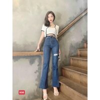 Quần jean nữ ống loe xanh phối rách ở đùi chất liệu denim co giãn tốt Ms906