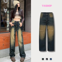 Quần Jean Nữ Ống Rộng Lưng Cao Wash Bụi Phối Râu Mèo Phong Cách Hàn Quốc 464