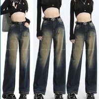 Quần Jean Nữ Ống Rộng Lưng Cao Wash Bụi Phối Râu Mèo Màu Xanh Đậm Phong Cách Retro Ulzzang Hàn Quốc 464.1