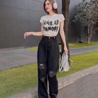 Quần Jean Nữ Ống Rộng Lưng Cao Màu Đen Wash Bụi Rách Phối Nút Eo Cá Tính Phong Cách Hàn Quốc 314.3