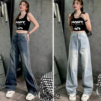 Quần jean nữ ống rộng lưng cao phối sọc 2 bên thời trang, cá tính