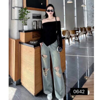 Quần jean nữ ống rộng lưng cao rách gối, quần bò suông hách dáng