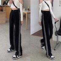 Quần jean nữ ống rộng lưng cao màu đen trắng，quần jean ống suông retro Retro Ulzzang