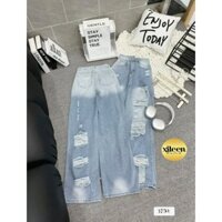 Quần jean nữ ống rộng lưng cao Mã 3795 không co giãn rách tua rua, quần bò nữ tại Xì Teen Fashion