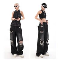Quần Jean Nữ Ống Rộng Rách Gối Màu Đen Phong Cách Hip Hop Đường Phố Mỹ - Hàng mới về